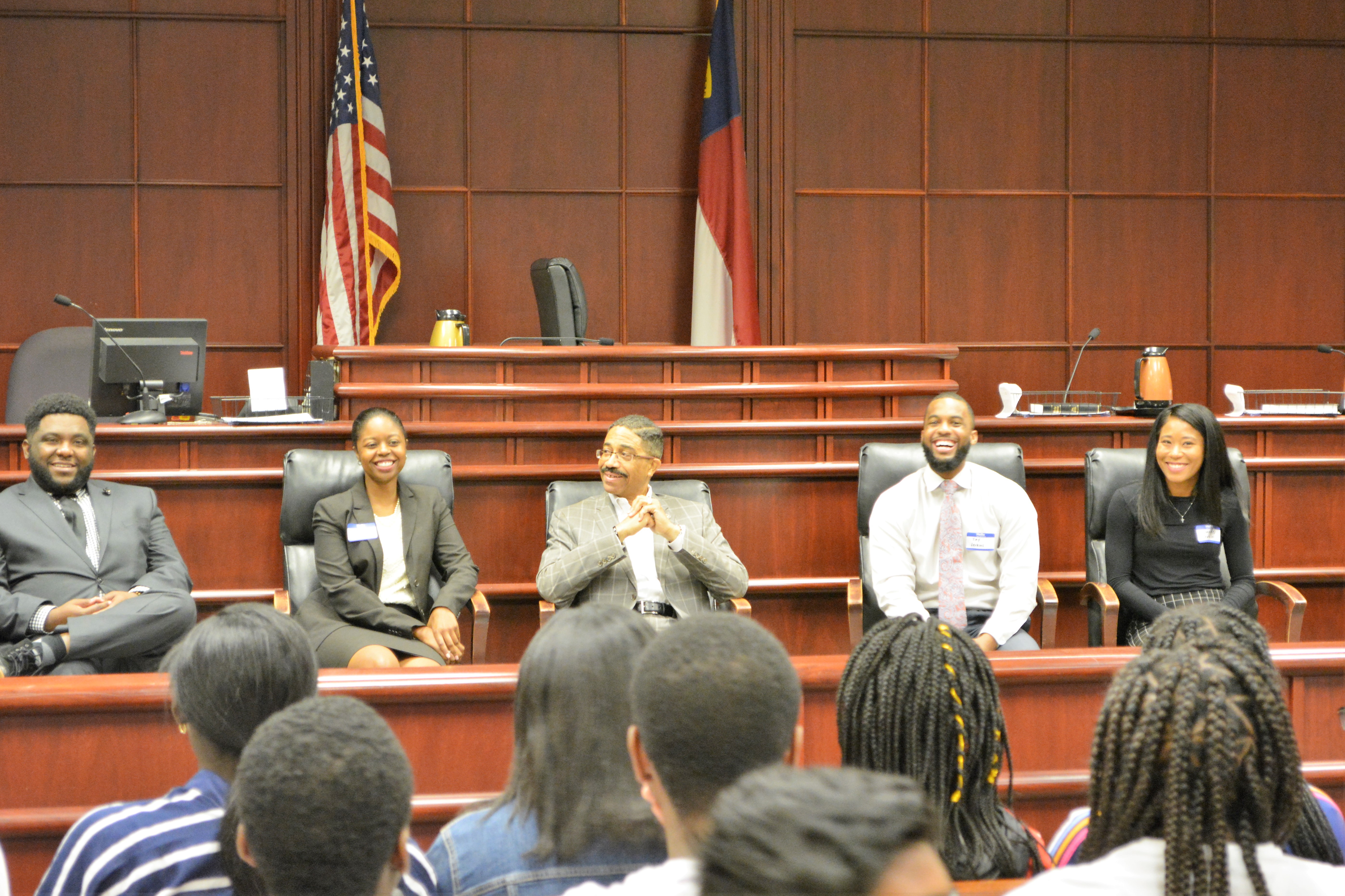 Justice Mike Morgan (center) particpates in a panel discussion at Youth Law Day. 
