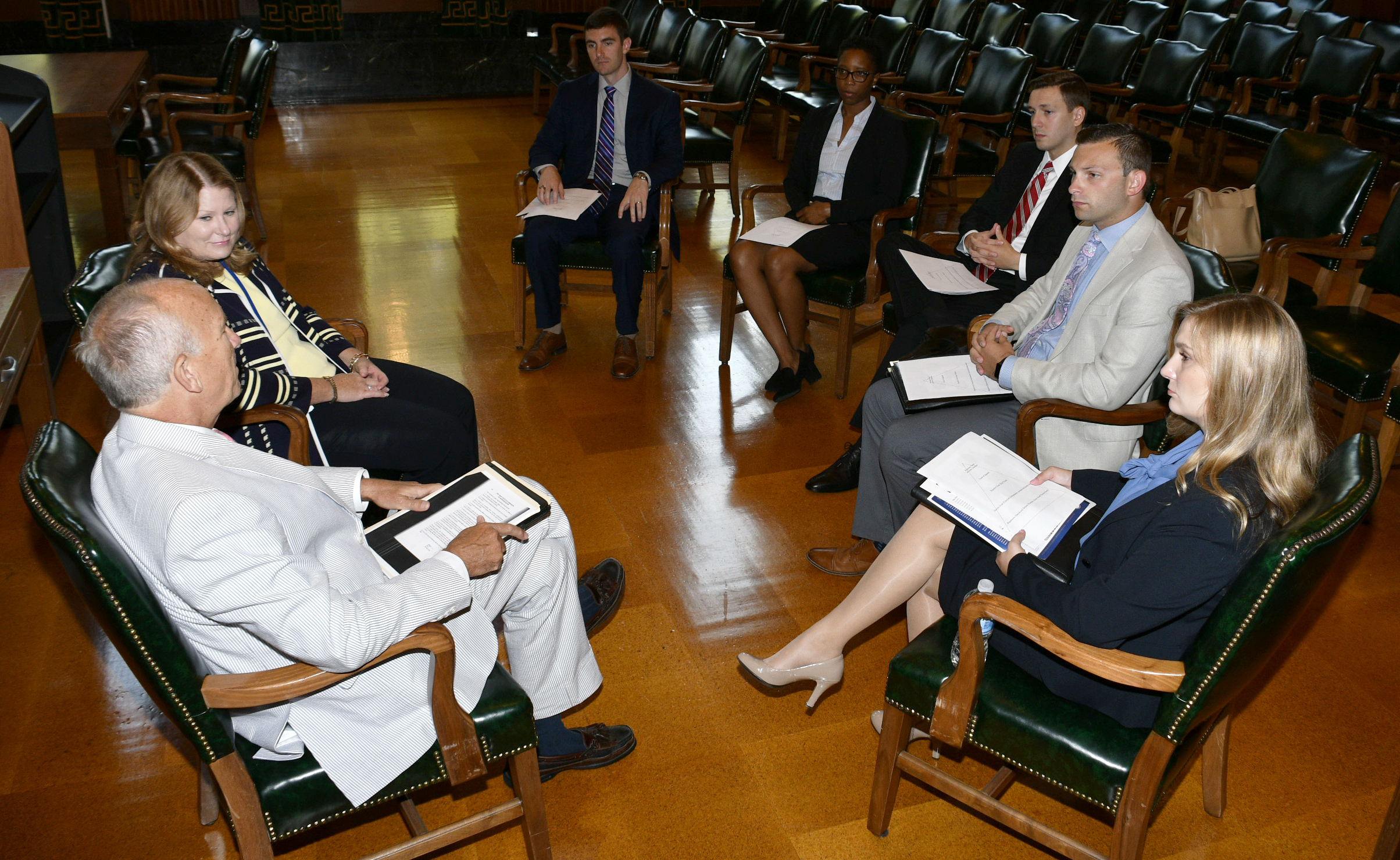 Justice Newby and CJCP Director Lisa Sheppard talk with Law School Ambassadors during orientation.