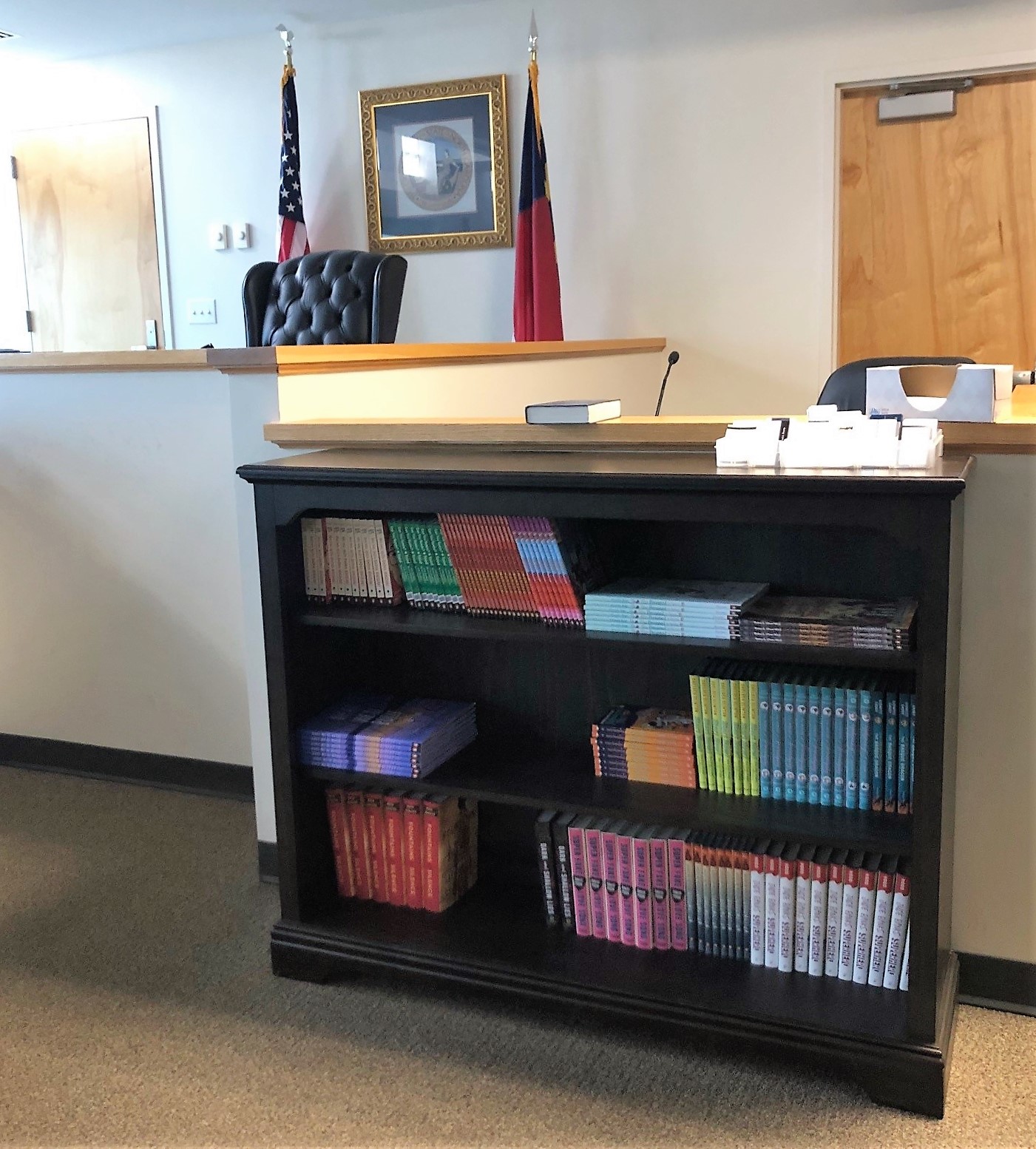 The bookshelf in the courtroom holds free books for children to take and keep. 