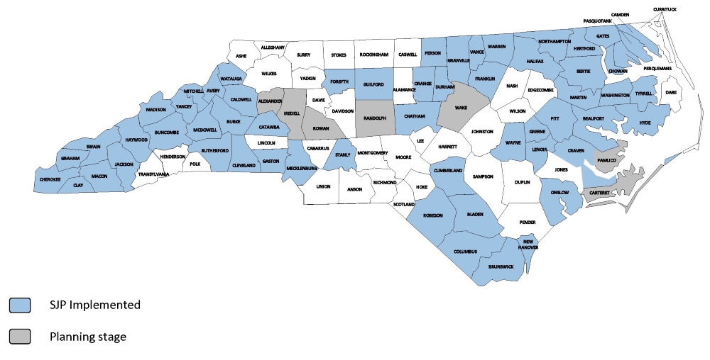SJP map of counties implemented or planning