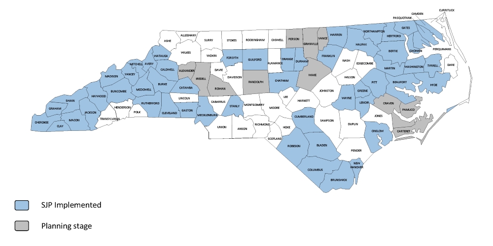 SJP map of counties implemented or planning