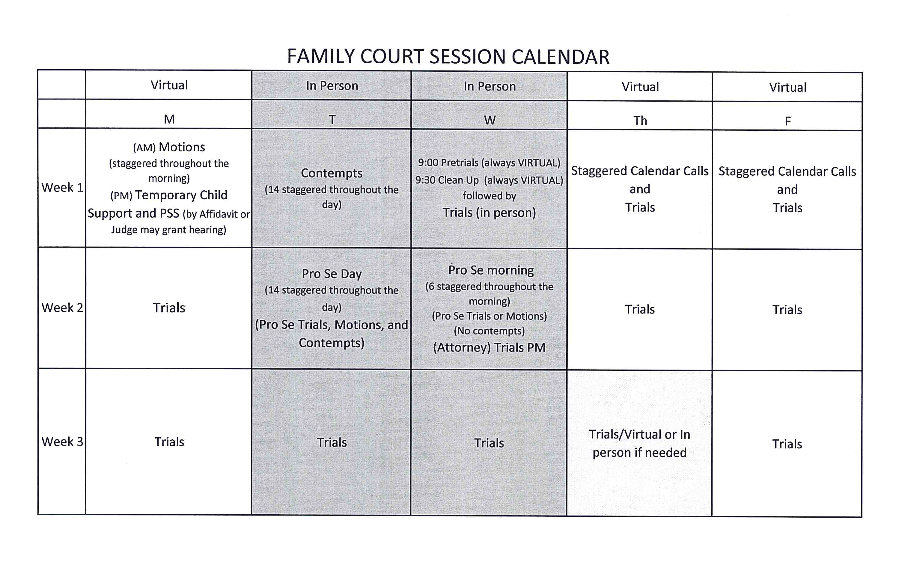 Family Court Session Calendar