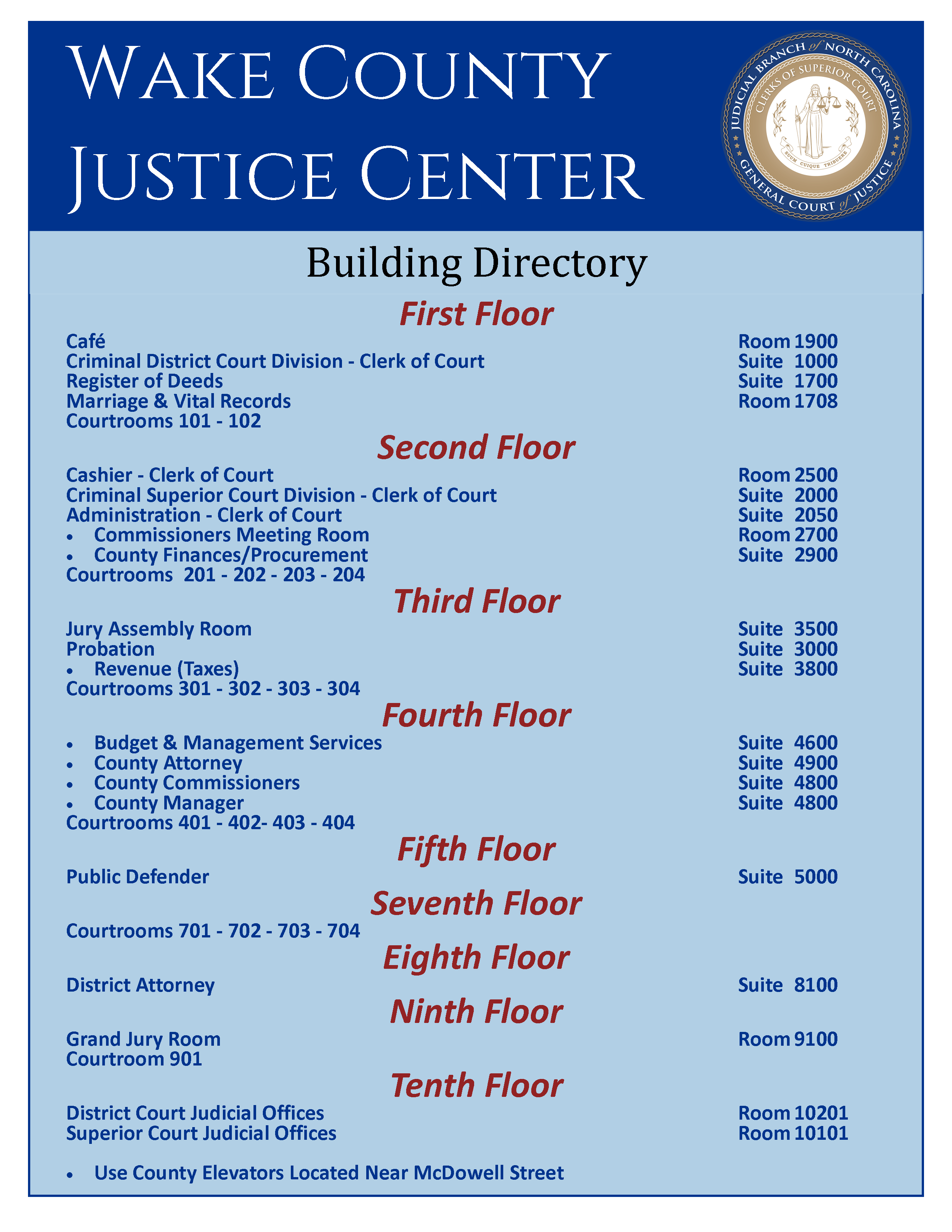 Wake County Justice Center Building Directory