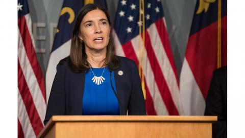 Associate Justice Anita Earls speaking at press conference