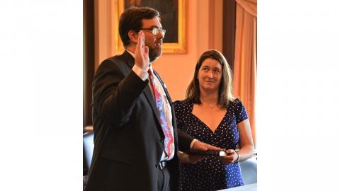 Clerk of the Court of Appeals Gene Soar Takes the Oath of Office while his wife holds the Bible
