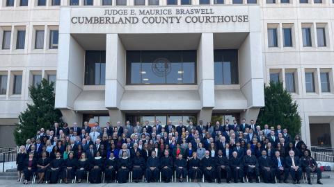 Chief Justice Paul Newby (center) with Cumberland County judges and courthouse personnel.