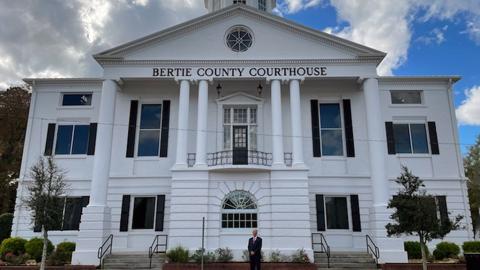 Chief Justice Paul Newby outside the Bertie County courthouse. Chief Justice Paul Newby outside the Bertie County courthouse.
