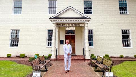 Chief Justice Newby outside of the Perquimans County Courthouse.