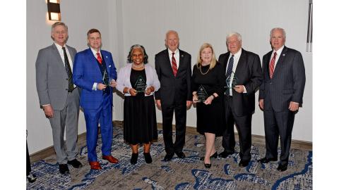 From left to right, CJCP Co-Executive Director Jimbo Perry, Bert Kemp, Judge Patricia Evans, Chief Justice Paul Newby, LeAnn Nease Brown, Gordon Brown, CJCP Executive Director Mel Wright