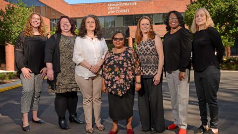 Members of the N.C. Human Trafficking Commission pose with U.S. State Department Fellow Polo Chabane. From left to right: Ashley Tauscher, Kristen Howe. Roxana Zelada-Lewis, Polo Chabane, Christine Long, Jacqueline Kehinde, and Nancy Hagan