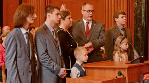 Associate Justice Trey Allen takes the oath of office in January 2023.