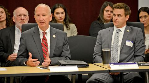 Chief Justice Newby (left) and NCAOC Director Ryan Boyce (right) speak at the Behavioral Health Roundtable. Chief Justice Newby and Ryan Boyce speak at the Behavioral Health Roundtable