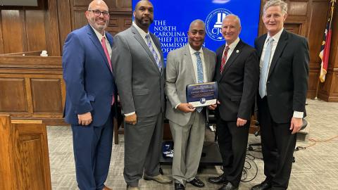(Left to Right) Attorney Will Farris, Senior Resident Superior Court Judge Lamont Wiggins, Retired Superior Court Judge Quentin Sumner, Chief Justice Paul Newby, and CJCP Executive Director Jimbo Perry.
