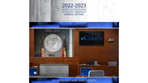 2022-23 Annual Report cover featuring courtroom and technology
